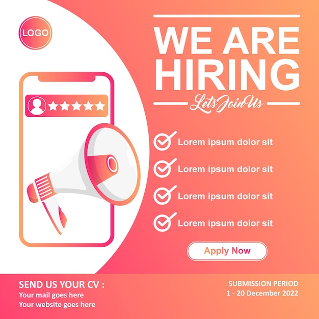 We are hiring job vacancy square social media post instagram banner flyer