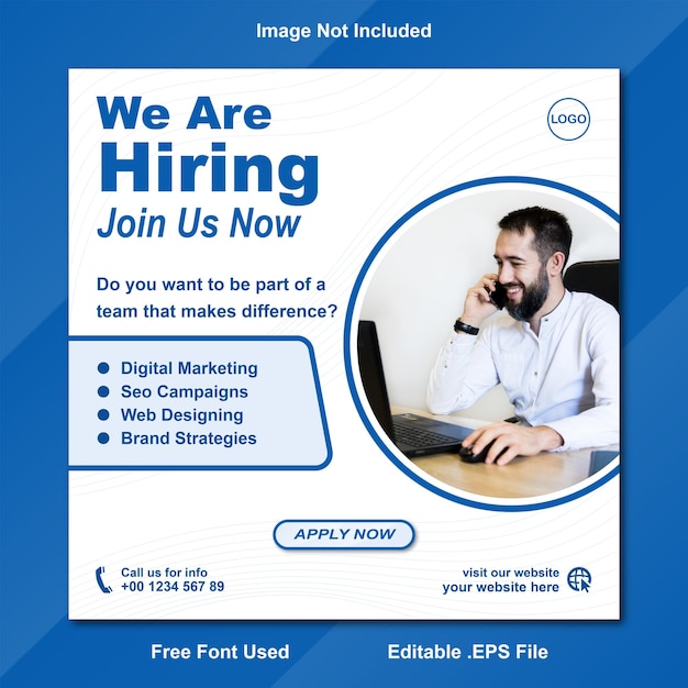 We are hiring job vacancy square social media post template mockup poster banner modern blue
