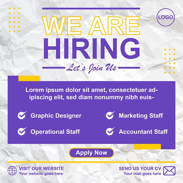 We are hiring job vacancy square social media template simple modern poster banner recruitment