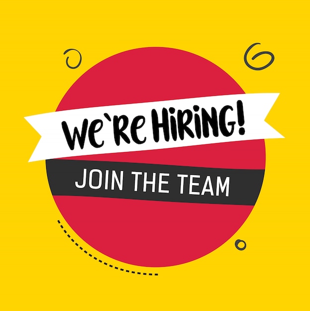 We are hiring, join the team lettering on ribbon with pink circle and yellow background