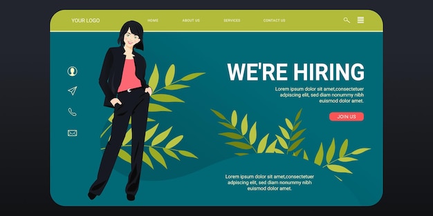 We are hiring a landing page template with cartoon business woman
