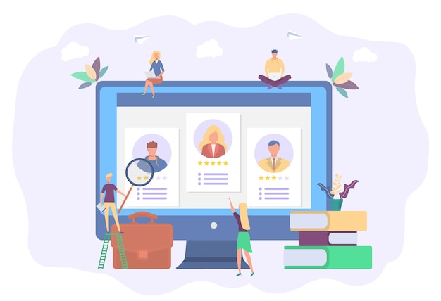 私たちは採用担当者の雇用サービスを採用しています人事マネージャーは候補者の履歴書を探しています私たちは従業員の欠員が開いている必要があります私たちのチームに参加するカラフルなベクターイラスト