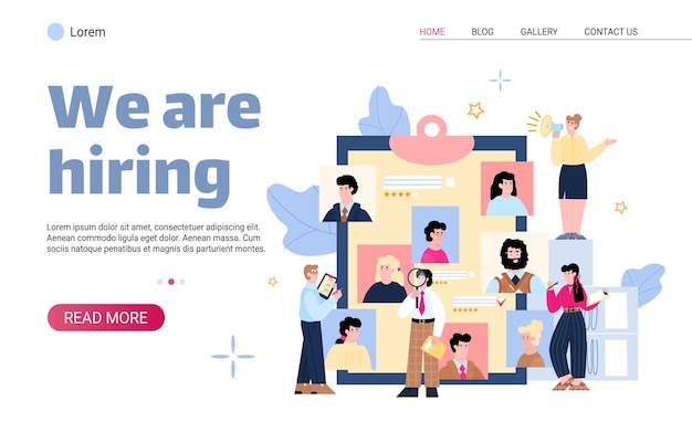 We are hiring web banner template with hr managers cartoon vector illustration