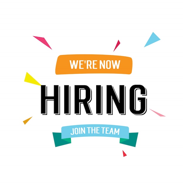 We are now hiring, join the team lettering with blue ribbon and colorful triangles