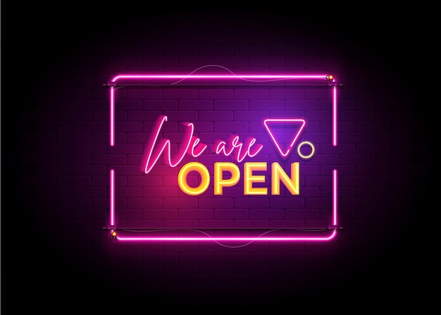 Vector we are open neon sign text effect social media post concept design with light glowing background