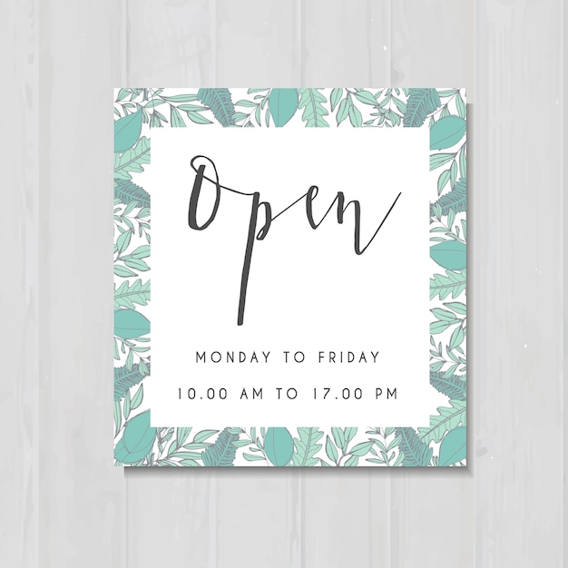 We are open poster for opening shop with green flowers frame. hand drawn lettering design.