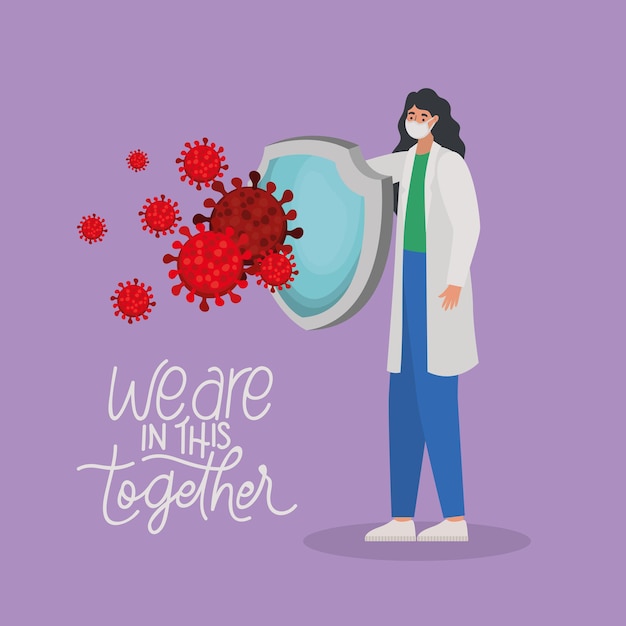 We are in this together lettering and female doctor with one safety mask , red particles and one shield illustration design