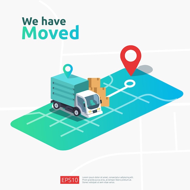 We have moved vector illustration concept. new location announcement business store, home or change office address for landing page template, mobile app, poster, banner, flyer, ui, web, and background