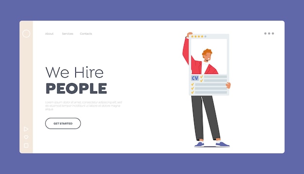 We Hire People Landing Page Template Applicant Male Character Holding Cv or Curriculum Vitae Professional Recruitment