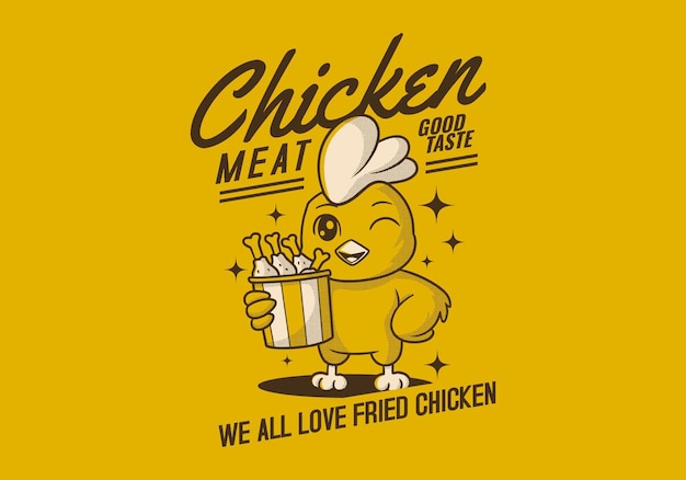 We houden allemaal van gebakken kip Retro mascotte personage van kip of haan die een kop gebakken kip vasthoudt