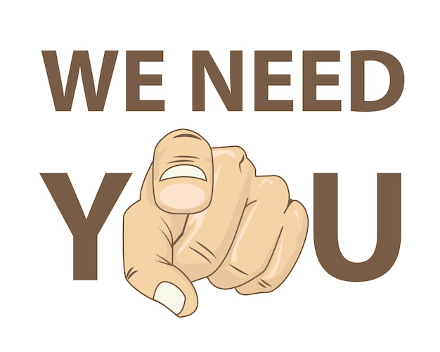 We need you concept vector illustration. retro human hand with the finger pointing or gesturing towards you