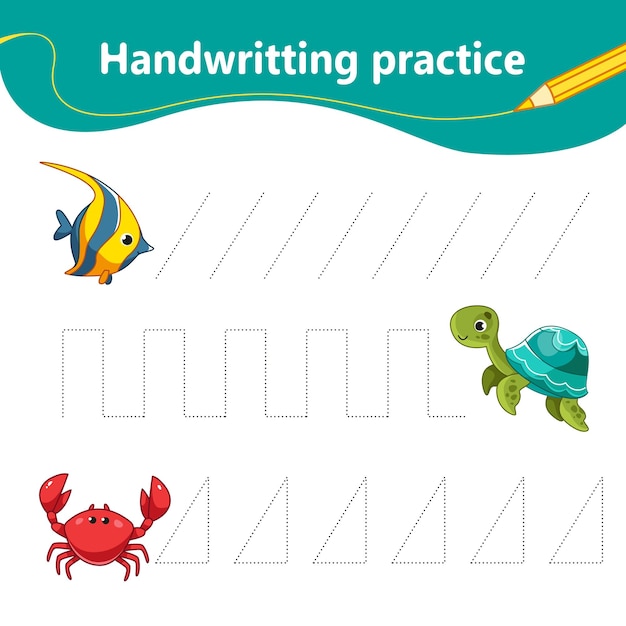 Обводим линию точками обучая почерку декор набор рыбка черепаха и краб дошкольное образование