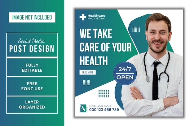 We take care of your health square promotional medical service social media post design design