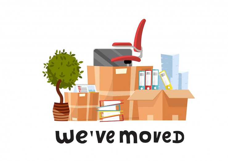 Vector we've moved - hand drawn lettering quote.a lot of open cardboard boxes with office supplies - folders, documents, monitor, red chair on wheels, potted plant.flat cartoon set on white background