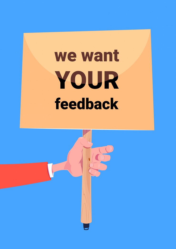 Vector we want your feedback. hand hold board banner for business promotion and advertising. customer review communication. 
