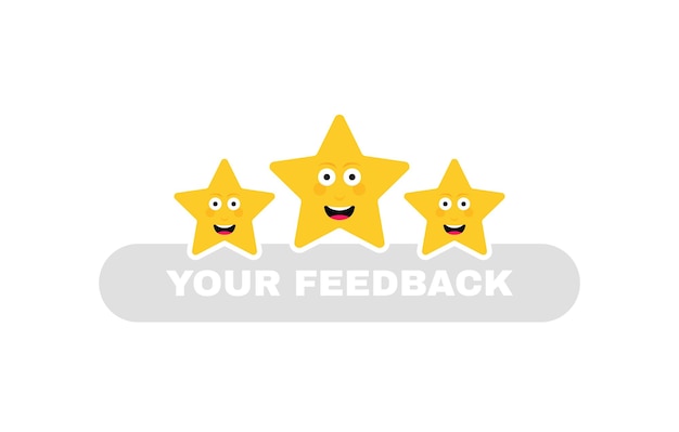 We want your feedback Three stars customer product rating review with excellent emoticon face Funny cartoon hero Vector illustration