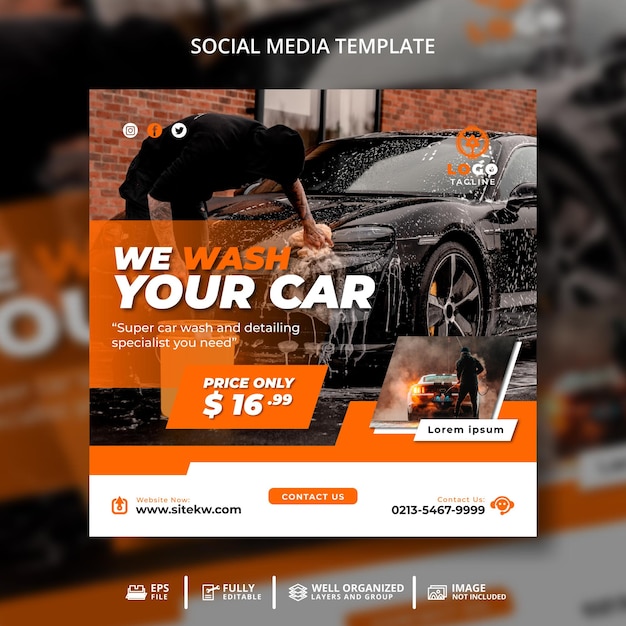 Шаблон поста в социальных сетях We Wash Your Car для продвижения