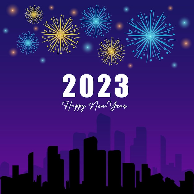 Ti auguriamo un felice anno nuovo 2023 con lettere scritte a mano tipografia linea design con fuochi d'artificio scintillanti