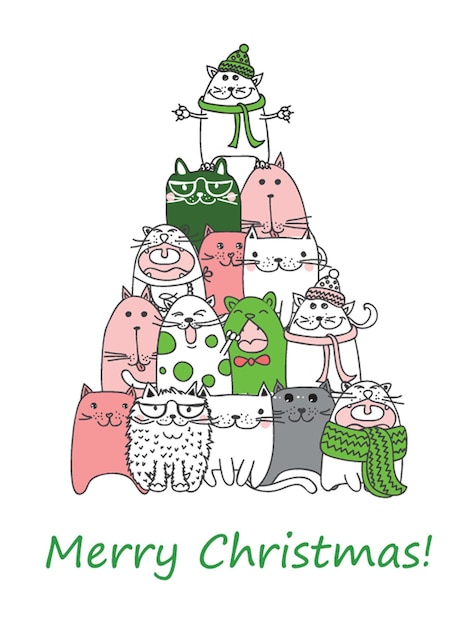 We wish you a merry christmas and a happy new year stylish holiday card with cute cats in vector bright cartoon background with christmas tree with cats