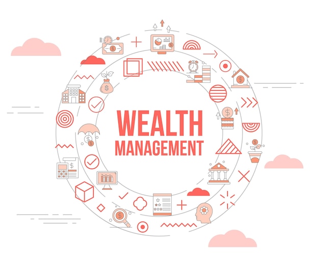 Vettore concetto di gestione della ricchezza con set di icone, modello di banner e illustrazione vettoriale a forma di cerchio rotondo