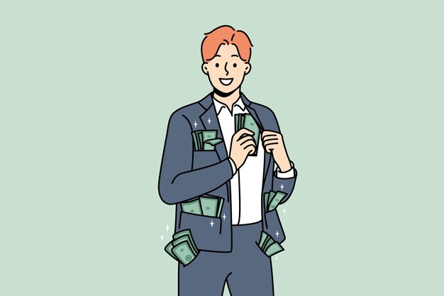 Vector wealthy businessman with money in pockets
