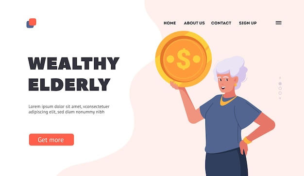 Wealthy Elderly Landing Page Template Rich Old Businesswoman Holding Big Golden Coin Prosperous Life of Retired Female