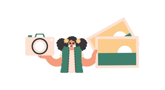 the wealthy lady holds a camera and photographs in his hands pulled back on white foundation trendy style vector illustration