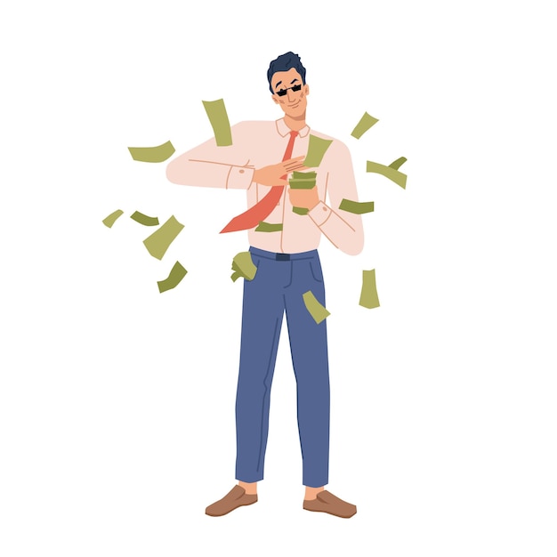 Wealthy person throw cash money isolated character