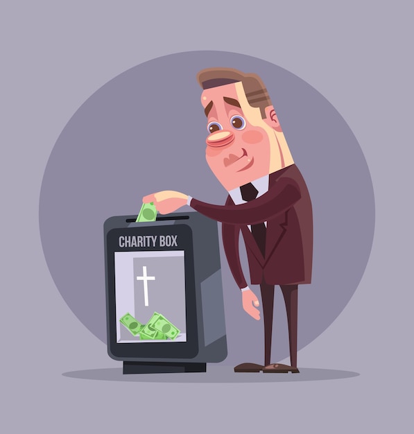 Wealthy politician businessman character making donation.  flat cartoon illustration