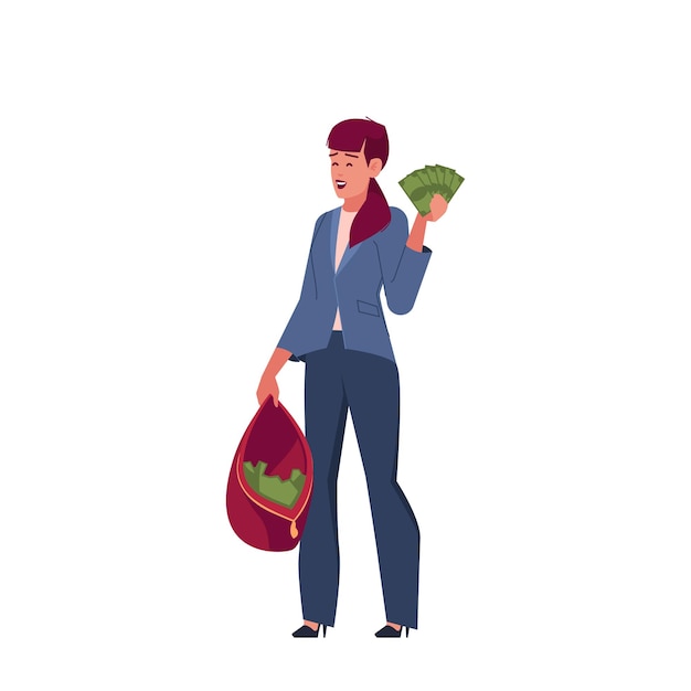 Состоятельная женщина держит сумочку с деньгами и показывает векторную иллюстрацию персонажа процветающей деловой женщины