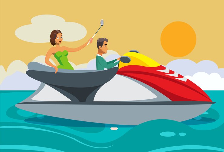 Vector wealthy woman and man riding jet ski cartoon.