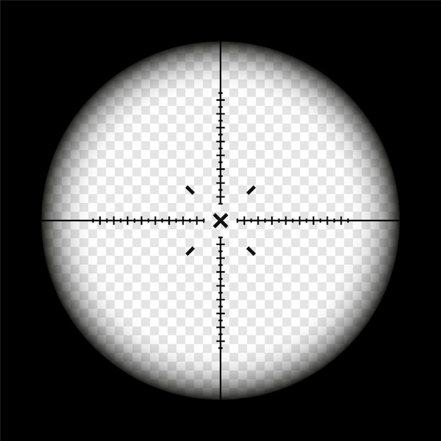 Vettore mira di arma fucile da cecchino campo ottico su sfondo nero mirino di pistola da caccia con mirino simbolo del segno di tiro simbolo del segno del bersaglio militare silhouette elemento dell'interfaccia utente del gioco illustrazione vettoriale