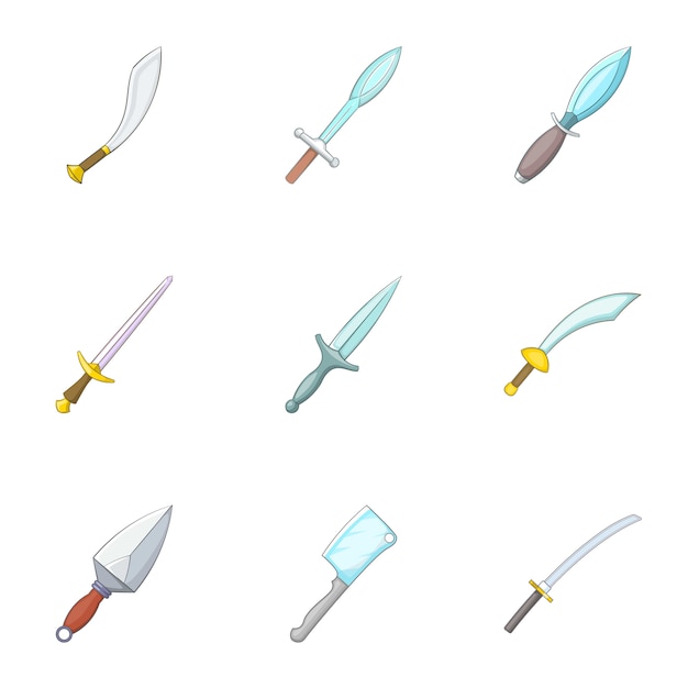 Weapons equipment icons set, cartoon style