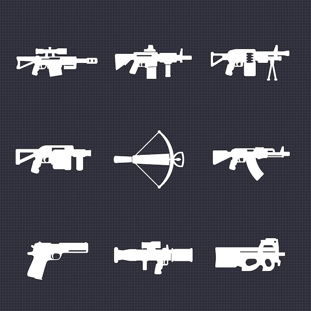 武器、銃器のアイコンセット、自動銃、狙撃兵とアサルトライフル、クロスボウ、ピストル、手榴弾、ロケットランチャー、ベクトルイラスト