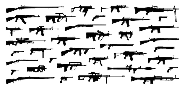 Weapons silhouette set. Collection of various realistic firearms. Assult rifles, sniper rifles, shotguns, handguns, machine guns, historical guns &amp; other. Vector illustration.