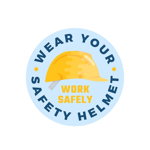 Wear safety helmet warning circle shape sticker template flat style construction hardhat icon advertising illustration protective headgear uniform caution label card isolated