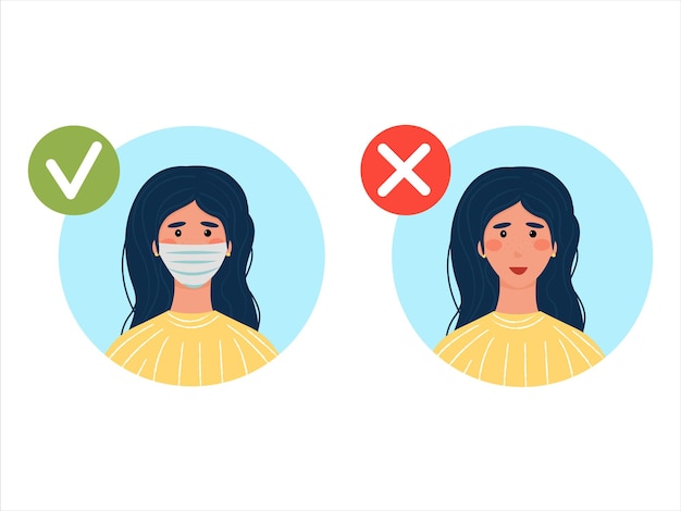 Wearing a mask is mandatory. no mask is allowed. brunette with and without a medical mask. vector illustration in flat style