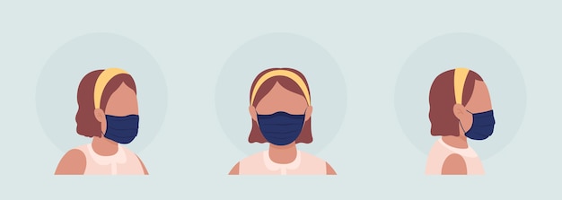 Wearing pleated mask semi flat color vector character avatar set. portrait with respirator from front and side view. isolated modern cartoon style illustration for graphic design and animation pack