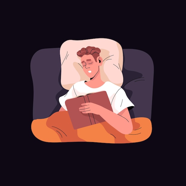 Vector weary young man sleeps in bed top view people reading for night asleep boy holds book in hand tired sleeper person rests lying under blanket naps on pillow flat isolated vector illustration