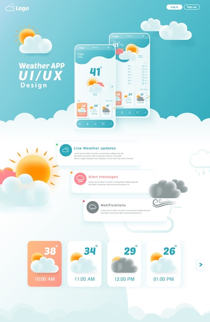 Weather app ui/ux kit elements, website landing page