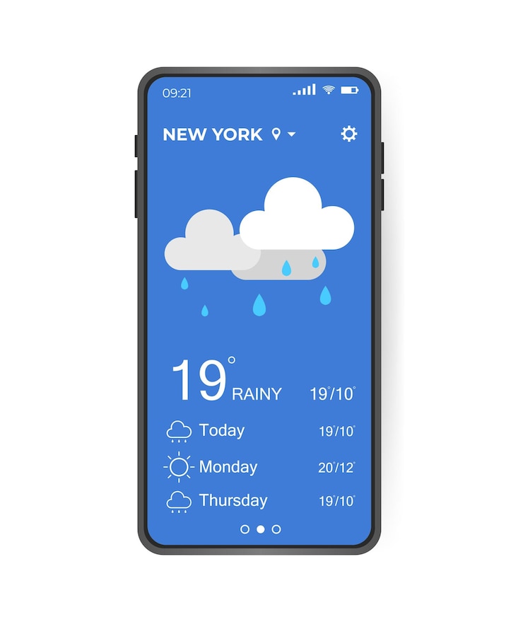 Vector weather application user interface ui ux elements realistic smartphone with weather app vector illustration concept