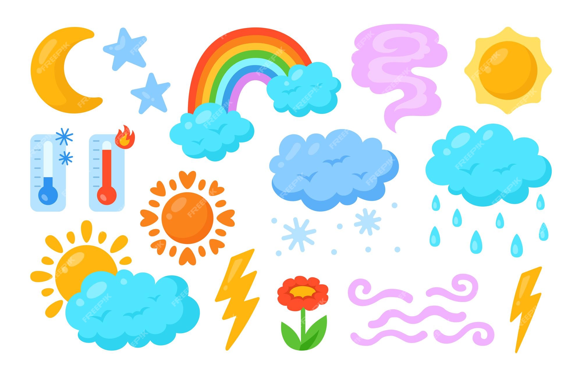Premium Vector | Weather cartoon gradient set sun clouds rain snow moon star thermometer climate meteorological sign Premium Vector | Weather cartoon gradient set sun clouds rain snow moon star thermometer climate meteorological sign
