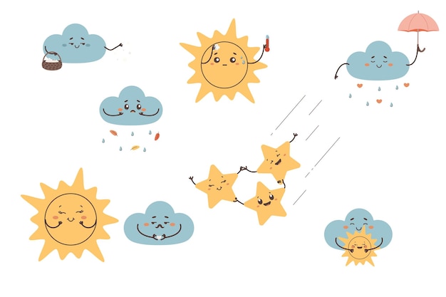 Weather cartoon personage set clip art vector illustratie op witte geïsoleerde achtergrond