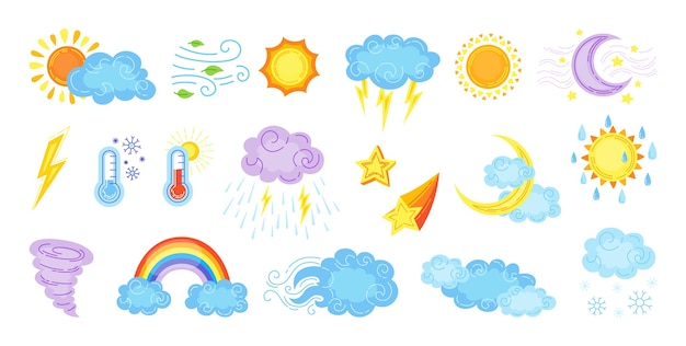 날씨 만화 세트. 귀여운 손으로 그린 태양과 구름, 비 또는 눈, 번개, 달 별