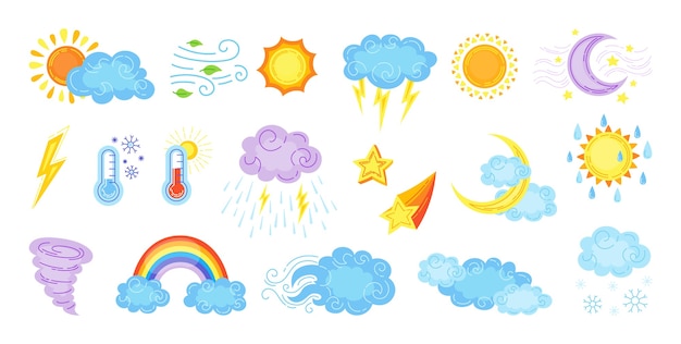 Weather cartoon set. cute hand drawn sun and clouds, rain or snow, lightning, moon star