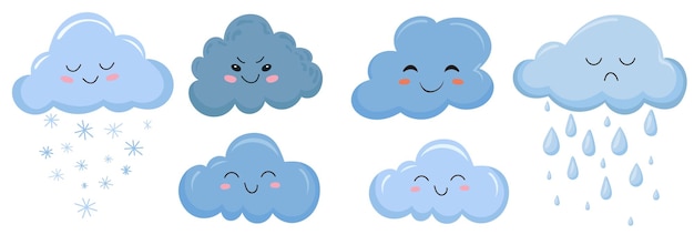 Vector weather characters set of clouds in flat style isolated vector