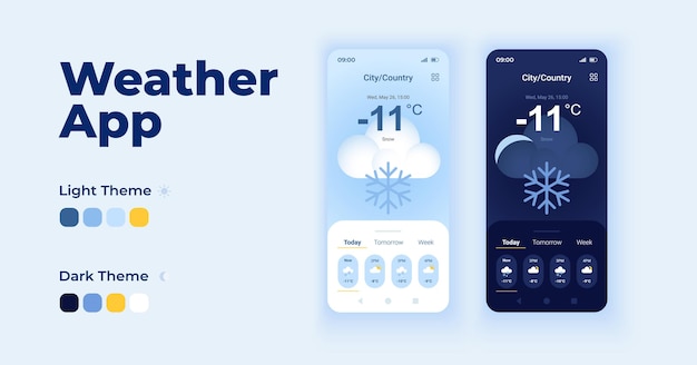weather check cartoon smartphone interface vector templates set. winter overcast. mobile app screen page day and dark mode design. forecast ui for application. phone display with flat character