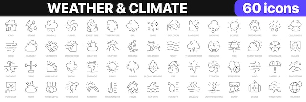 Коллекция значков погодных и климатических линий Стихийные бедствия, природа, окружающая среда, значки пользовательского интерфейса, набор иконок, тонкий контур, векторная иллюстрация EPS10