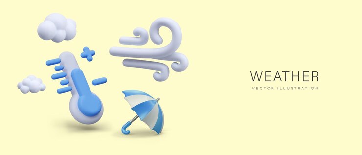 Vector 3d 만화 스타일의 날씨 개념 파란색 온도계 바람 우산 구름
