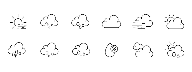 Weather conditions set icon Cloud cloudy sun rain lightning thunderstorm wind moon rainbow snow snowflake forecast Nature concept Vector black set icon on a white background